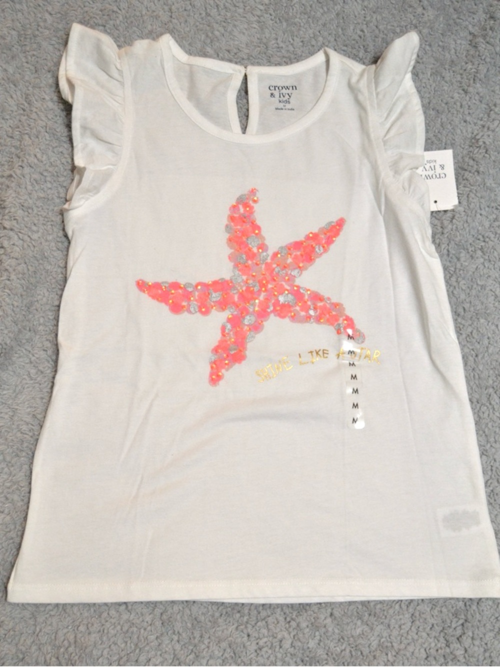 crown & ivy White Tee with Coral Sequin Starfish